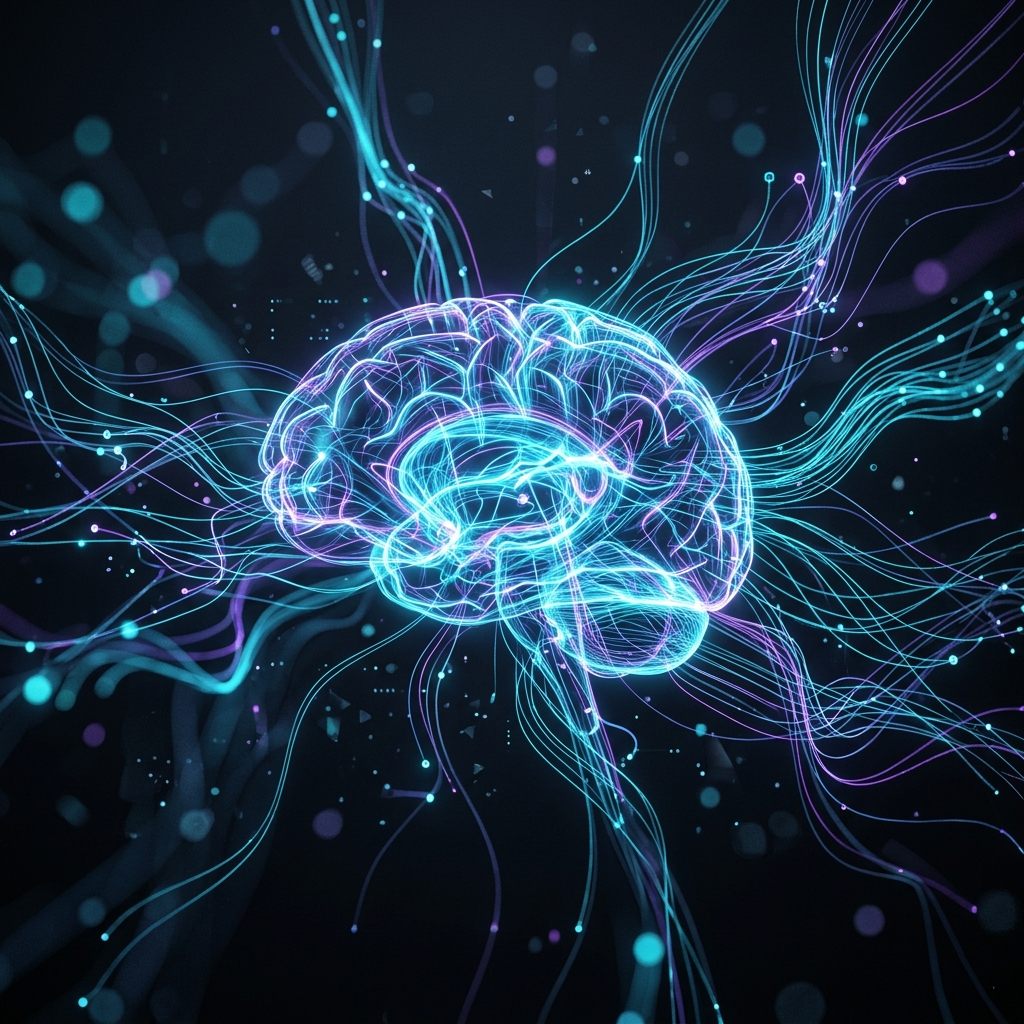 A highly aesthetic, premium dark-mode abstract 3D visualization of artificial intelligence and computer vision.