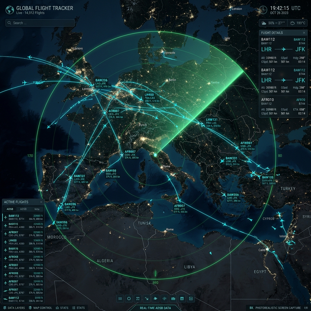 A premium dark-mode, high-tech flight tracking radar interface visualization.